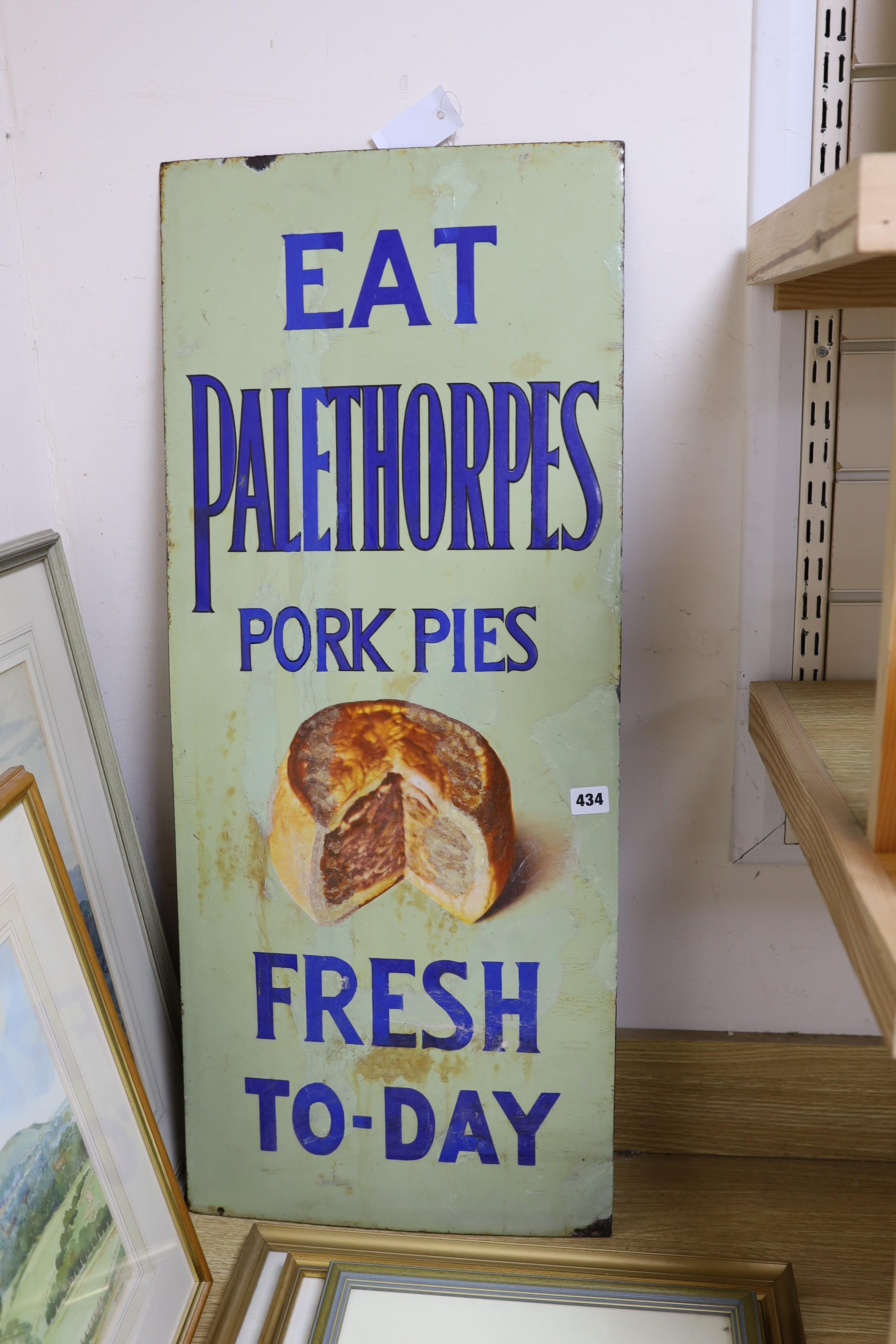 ‘Eat Palethorpes pork pies’ enamel advertising sign, 90cms high